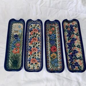 Vintage Like new unikat polish pottery floral corn trays set of 4.
